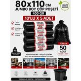 New City 80X110 cm 90 Litre Jumbo Boy Çöp Torbası 50 Adet Siyah Dayanıklı Endüstriyel Çöp Poşeti 10'lu 5 Rulo
