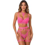 New Dreams Fuşya Dantelli Fantazi İç Giyim Takımı, Strap Jartiyer Seksi Lingerie Set Kadın Gecelik ve Özel Gece Kombini