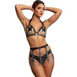 New Dreams Lüks Siyah Harness Aksesuar Zincir Detaylı Premium Fantezi İç Giyim Body Harness Suni Deri Standart