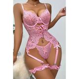 New Dreams Modern Şık Rahat Dantelli Jartiyer Gecelik Set, İç Çamaşırı Seti, Ayarlanabilir Askılı - Pembe