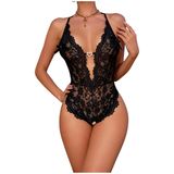New Dreams Siyah Dantel Fantazi Body Gecelik, Derin V Yaka Transparan Seksi İç Giyim Bodysuit, Sırt Dekolteli Kadın