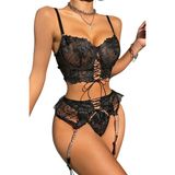 New Dreams Siyah Dantel Zincir Detaylı Korseli Fantazi Kadın Seksi İç Giyim Transparan Premium Set