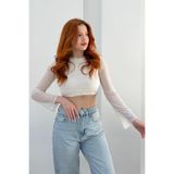 NEW JOURNAL Kadın Beyaz Bisiklet Yaka Taşlı Tül Crop Bluz JF26