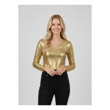 NEW JOURNAL Kadın Gold Metalik Deri Görünümlü V Yaka Crop Bluz NJ38