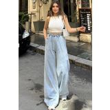 NEW LAVİVA Kadın Açık Mavi Beli Lastikli, Bagcıklı, Cepli, Bol Paça, Palazzo Kot Pantolon - Tesettüre Uygun