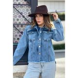 New Laviva Kadın Açık Mavi Çift Cepli, Eteği Püsküllü, Kaliteli Jeans Kumaş, Rahat Kesim, Kot Ceket - 38 - Mavi - Açık Mavi
