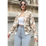 New Laviva Kadın Bej Desenli Gabardin Kumaş, Rahat Kesim, Kapaklı Cepli, Bomber Ceket - Vizon - 36