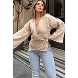 NEW LAVİVA Kadın Bej Kruvaze Yaka, Çapraz Bağlamalı, Flare Kollu, Salaş Müslin Bluz