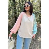 NEW LAVİVA Kadın Bej Uzun Balon Kol, Yuvarlak Yaka, Kolları Double Color Block Basic Sweatshirt Bluz
