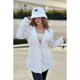 New Laviva Kadın Beyaz Astarlı Tek Düğme Vucüda Oturan Kalıp Fitilli Kaşe Kumaş Blazer Ceket - 42