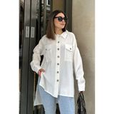 New Laviva Kadın Beyaz Balon Kol, Pileli, Yırtmaçlı, Oversize, Keten Tunik Gömlek - 38
