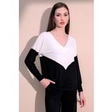 NEW LAVİVA Kadın Beyaz V Yaka Color Block Basic Salaş - Rahat Penye Bluz