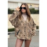 New Laviva Kadın Camel Leopar Desenli, Premium Kumaş, Salaş Ceket - 36
