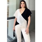 NEW LAVİVA Kadın Ekru & Siyah İki Renkli, Derin V Yaka, Kolsuz, Çapraz Bloklu, Salaş Bluz
