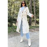 New Laviva Kadın Ekru Uzun Kol, Çift Cepli, Eteği Oval Kesim, Kemerli, Kaşe Gömlek Kaban - 42