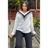New Laviva Kadın Ekru Uzun Kollu V Yaka Color Block Pamuklu Bluz Sweatshirt - 42