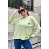New Laviva Kadın Fıstık Yeşil Uzun Kol, Yırtmaç Detaylı, Arma ve Yazı Detaylı, Kapüşonlu Sweatshirt Bluz - 42 - Sarı