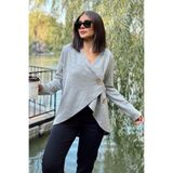 NEW LAVİVA Kadın Gri Asimetrik Kesim, Düğmeli, Salaş Hırka Bluz