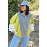NEW LAVİVA Kadın Gri Polo Yaka, Uzun Yarasa Kol, Lastikli Manşet, Asimetrik Color Block, Salaş Sweatshirt Bluz