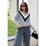 New Laviva Kadın Gri Uzun Kollu V Yaka Color Block Bluz Sweatshirt & Pamuklu Kazak - 42