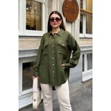 New Laviva Kadın Haki Balon Kol, Pileli, Yırtmaçlı, Oversize, Keten Tunik Gömlek - 40