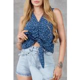 NEW LAVİVA Kadın Indigo Çıtır Çiçek Büzgülü Baglamalı Astarlı Şifon Bluz