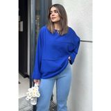 NEW LAVİVA Kadın indigo Duble Geniş Manşet, Yarasa Kol, Süs Cep Detaylı, Salaş Bluz