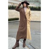 New Laviva Kadın Kahve & Camel Color Block, Çift Kese Cep, Gold Düğme Detaylı Uzun Kaşe Kaban (Astarsız) - 38