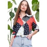New Laviva Kadın Kırmızı Uzun Kol Patchwork Desenli Kaliteli Kumaş Düz Kesim Standart Boy Gömlek - 38