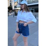 NEW LAVİVA Kadın Laci Püsküllü Paça, Yüksek Bel, Rahat Denim-Kot Şort