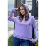 New Laviva Kadın Lila Uzun Kol, Yırtmaç Detaylı, Arma ve Yazı Detaylı, Kapüşonlu Sweatshirt Bluz - 42