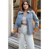 New Laviva Kadın Mavi Arkası Çiçek Nakış Işlemeli, Kontrast Renk Katlamalı, Uzun Kol, Denim Kot Ceket - 36