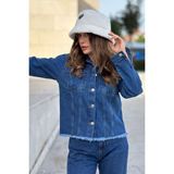 New Laviva Kadın Mavi Çift Cepli, Eteği Püsküllü, Kaliteli Jeans Kumaş, Rahat Kesim, Kot Ceket - 36