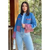 New Laviva Kadın Mavi & Kırmızı Denim Kontrast Çift Renk Detay Ön Düğmeli Manşetli Kot Ceket - 38 - Mavi - Kırmızı