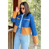 New Laviva Kadın Mavi & Turuncu Denim Kontrast Çift Renk Detay Ön Düğmeli Manşetli Kot Ceket - 36