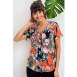 NEW LAVİVA Kadın Mor Çiçek Desenli, Kısa Kol Gömlek (Düz Kesim, Standart Boy)