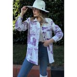 New Laviva Kadın Mor Desenli Gabardin Kumaş, Eteği Oval Kesim, Cepli, Oversize Gömlek - 36