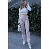 NEW LAVİVA Kadın Pembe Çizgili İç Göstermez Pamuk Keten Pantolon - 700-3394