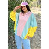 NEW LAVİVA Kadın Pembe Polo Yaka, Yarasa Kol, Lastikli Manşet, Asimetrik Color Block, Salaş Sweatshirt Bluz