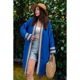 New Laviva Kadın Saks Müslin Kumaş, Hasır Şerit Detaylı Salaş Kimono Ceket - 36