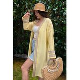 New Laviva Kadın Sarı Müslin Kumaş, Hasır Şerit Detaylı Salaş Kimono Ceket - 36