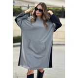 New Laviva Kadın Siyah Kapüşonlu Kanguru Cepli Salaş-Oversize Elbise - Gri-Siyah - 38