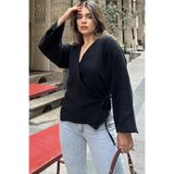 NEW LAVİVA Kadın Siyah Kruvaze Yaka, Çapraz Bağlamalı, Flare Kollu, Salaş Müslin Bluz