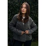 New Laviva Kadın Siyah Kruvaze Yaka, Çift Düğme, Rahat Kalıp, Fitilli Kaşe Kumaş Ceket - 42