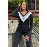 New Laviva Kadın Siyah Uzun Kollu V Yaka Color Block Pamuklu Bluz Sweatshirt - 36