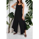 NEW LAVİVA Kadın Siyah V Yaka Askılı Kol Asimetrik Kesim Bağlama Detaylı Oversize Kesim Rahat Boy Tulum
