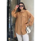 New Laviva Kadın Taba Balon Kol, Pileli, Yırtmaçlı, Oversize, Keten Tunik Gömlek - 36