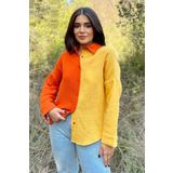 NEW LAVİVA Kadın Turuncu & Sarı Muslin Kumaş, Çift Bloklu, Eteği Oval, Uzun Kol, Regular Kesim Gömlek