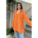 New Laviva Kadın Turuncu Terikoton Kumaş, Yırtmaçlı, Rahat Uzun Gömlek - 36