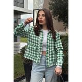 New Laviva Kadın Yeşil Çift Cepli, Pötikare Desenli, Rahat Kalıp, Kısa Tüvit Ceket - 40